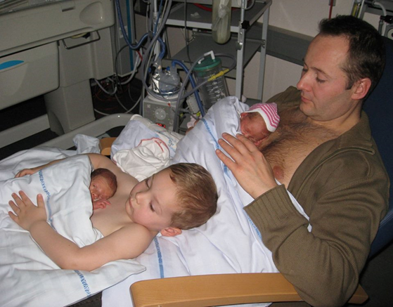 Kangaroo Care Isn\’t Just for Moms—See This Father and Son Cuddling Newborn Twins