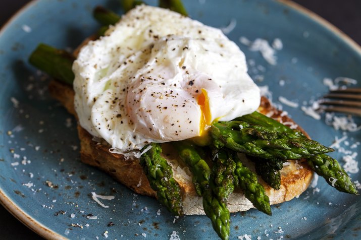 Breakfast with poached egg and asparagus