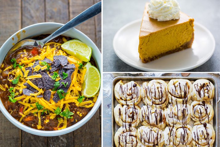 pumpkin-flavored chili, cheesecake and cinnamon rolls