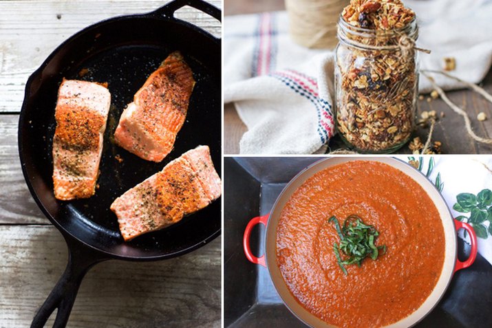 salmon, granola and tomato sauce.