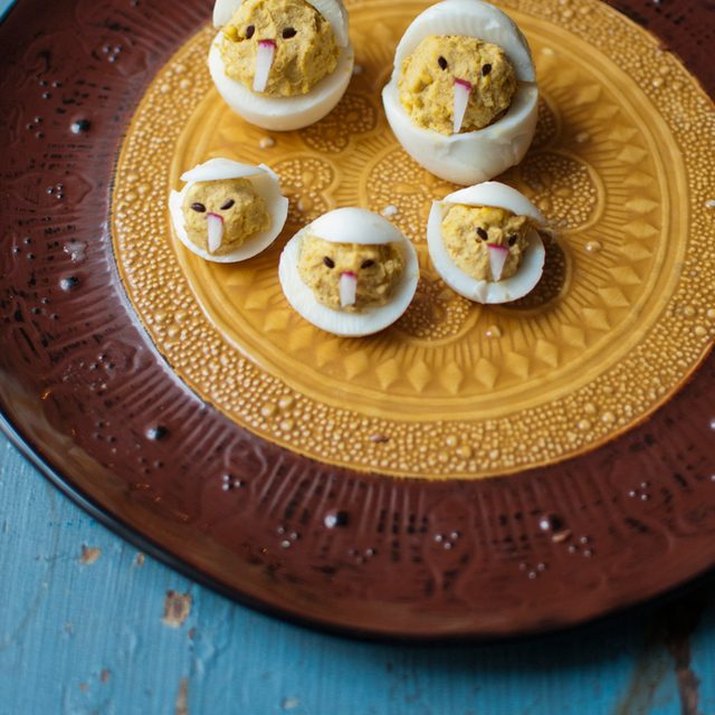 A plate of chicken deviled eggs.