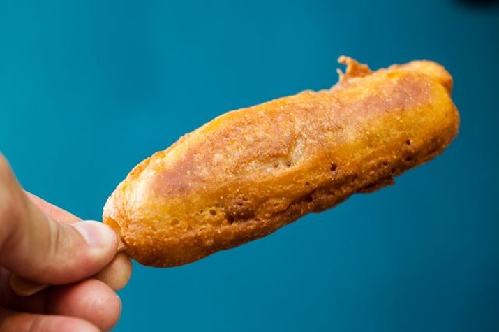 Golden brown corn dog.